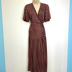 TopShop - Pink And Black Gingham Plaid Wrap Short Sleeve Maxi Dress Size 6